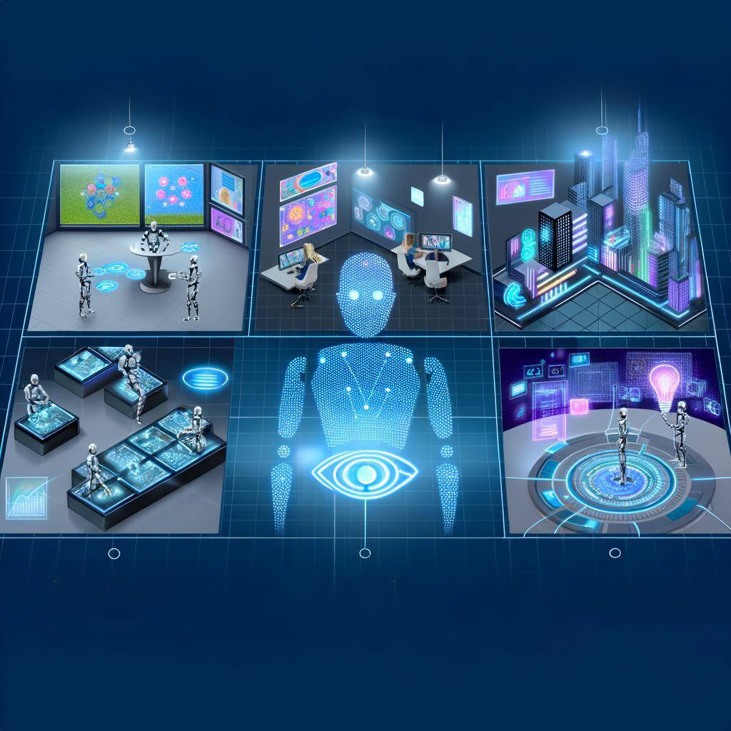 An image of a futuristic, AIpowered business operation with creative content creation, efficient operations, personalized customer experiences, data a