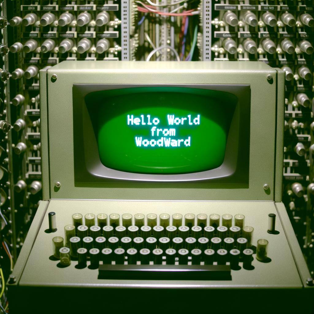 The first computer and on the output screen is Hello World From Woodward-1